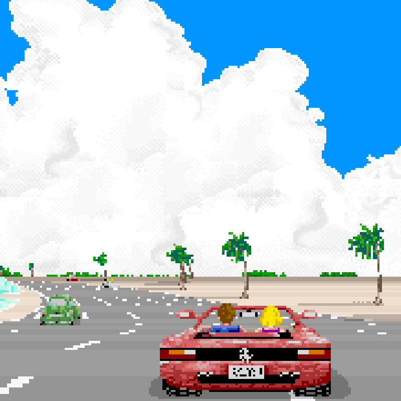 Pixelated image of red car driving by the ocean